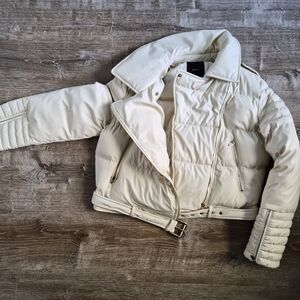 Pinko Cream Faux Leather Jacket with Black Logo Patch